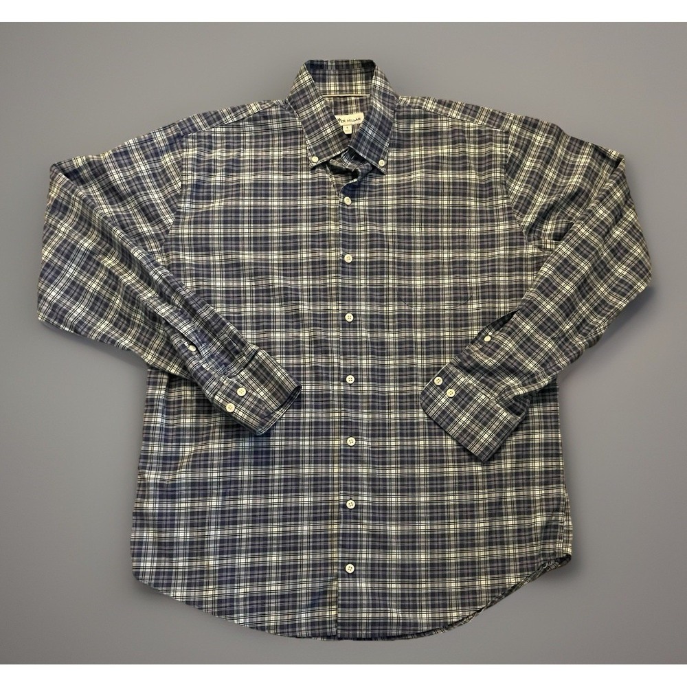 Peter Millar Long Sleeve Button Down Collared Shirt Blue Black Plaid Large JBHS